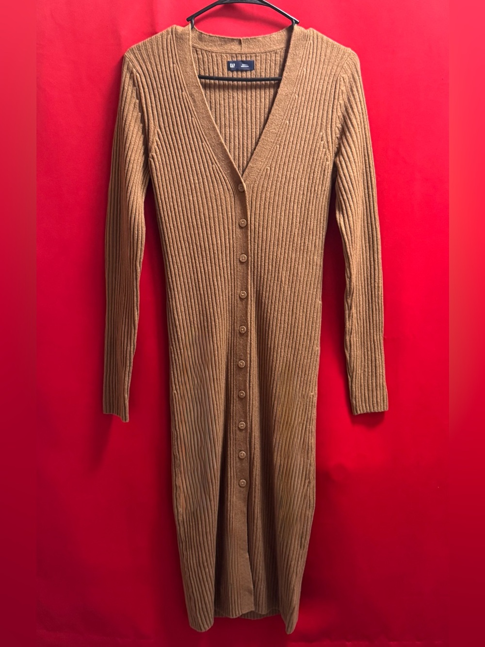 #652- GAP Long Ribbed Button-Front Dress in Camel Brown Size Small